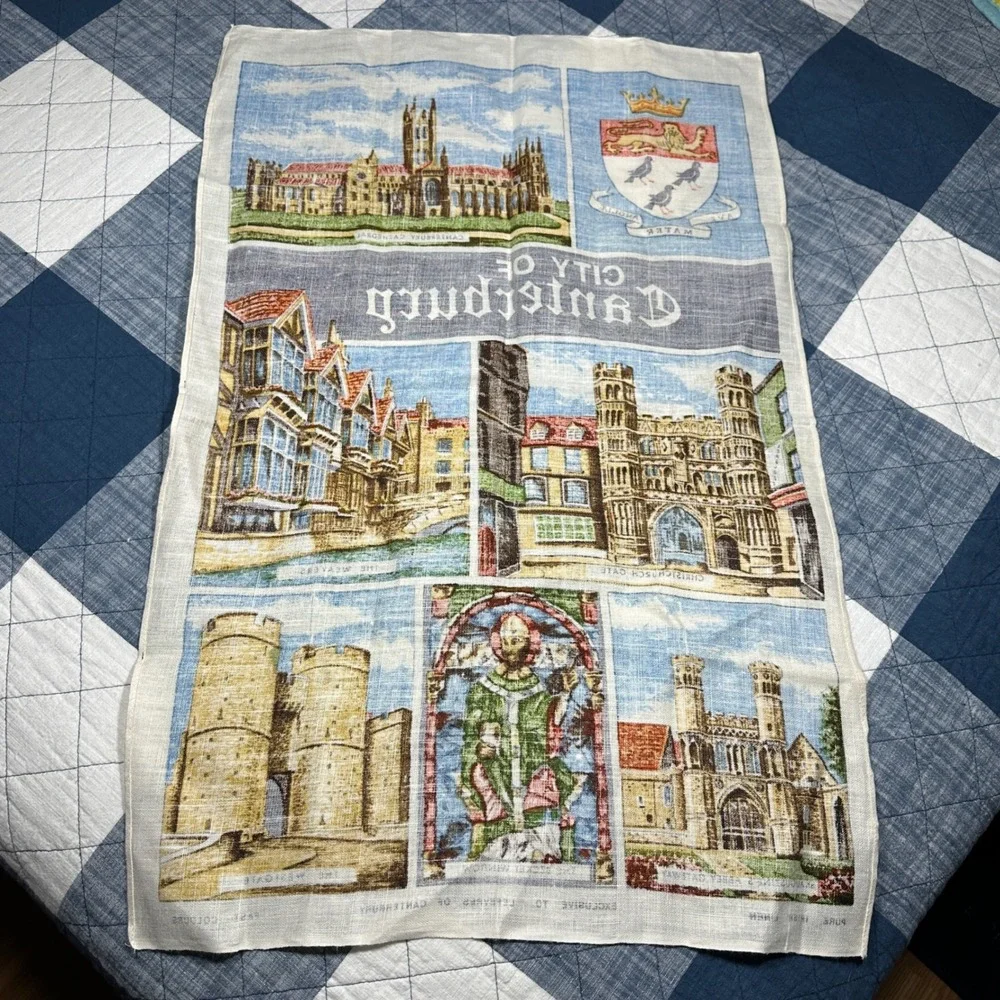 Vintage City of Canterbury Pure Irish Linen Tea Towel Souvenir England Landmarks